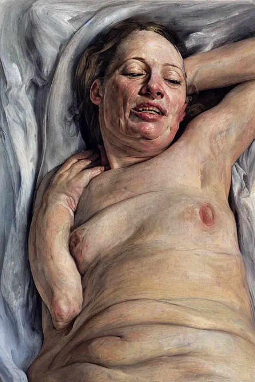 Prompt: a woman in bliss, in part by jenny saville, in part by lucian freud