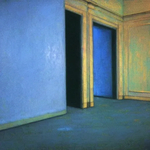 Image similar to close up of a girl in a blue and gold haunted liminal abandoned room, film still by edward hopper, by gottfried helnwein, by klimt, art noveau, highly detailed, strong lights, liminal, eerie, bright pastel colors,