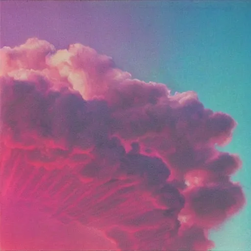 Prompt: 8 0 s new age album cover depicting a fluffy pink cloud in the shape of baby back ribs, very peaceful mood