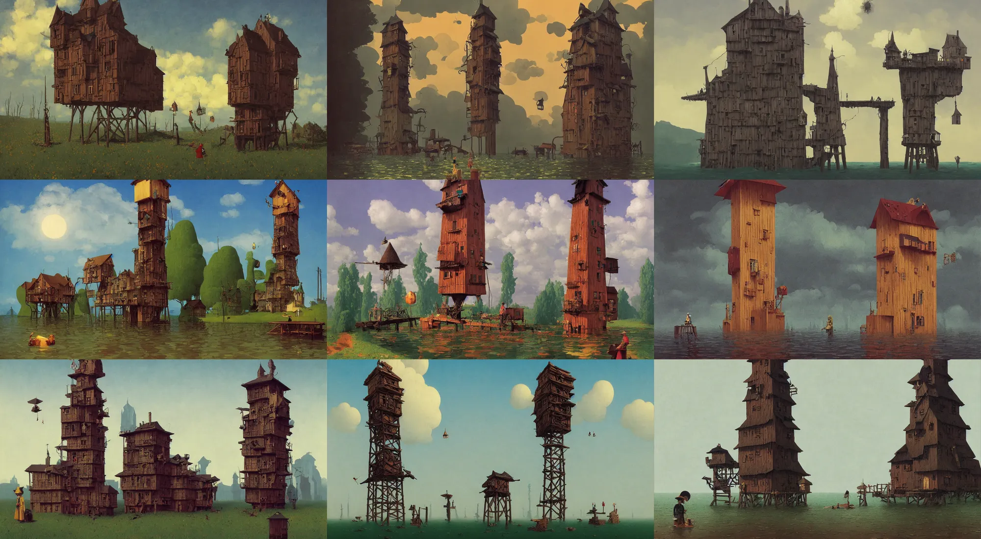 Prompt: single flooded simple wooden tower with giant eyes, very coherent and colorful high contrast!! masterpiece by rene magritte simon stalenhag carl spitzweg syd mead norman rockwell edward hopper james gilleard, minimalist, dark shadows, sunny day, hard lighting