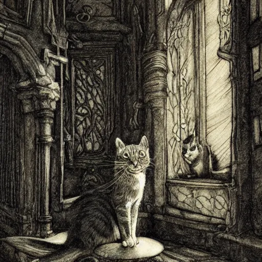 Prompt: cat from the void, illustrations by irish fairy tales james stephens arthur rackham, cat photo cat detailed, fairy tale illustrations, colour, top cinematic lighting , cinematic mood, very detailed, shot in canon,