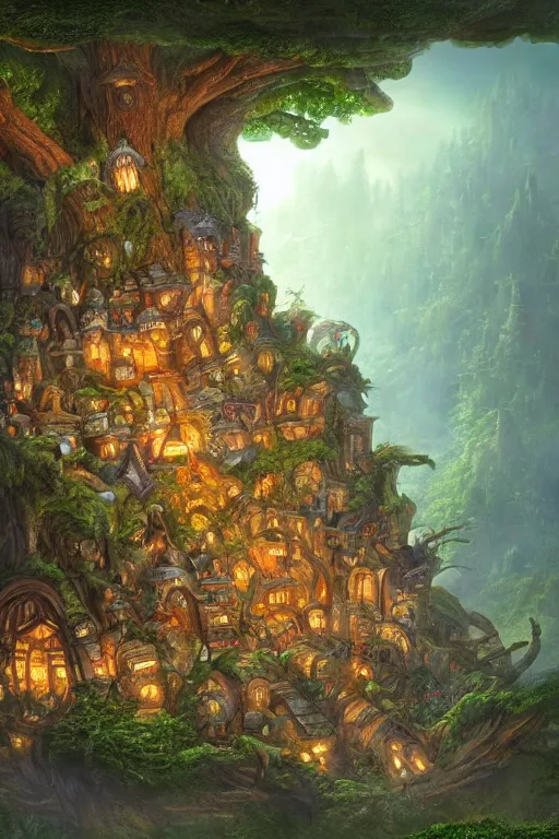 Prompt: a miniature city built into the trunk of a single colossal tree in the forest, with tiny people, in the style of justin gerard, lit windows, close - up, low angle, wide angle, awe - inspiring, highly detailed digital art