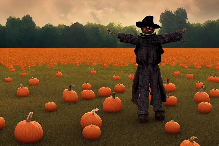 Prompt: a scarecrow standing watch over a field of pumpkins digital painting, 8 k, unreal engine,