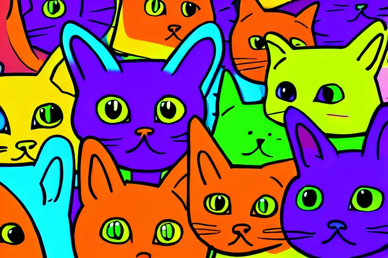 Image similar to bright, colurful, cartoon cats, facing directly, hypersaturated, various colors, ultra detailed, 8 k