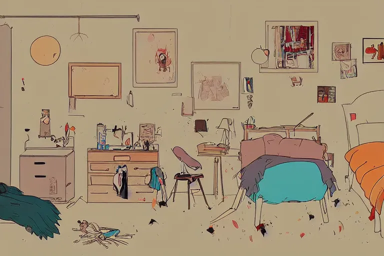 Image similar to messy bedroom, style of studio ghibli + moebius + basquiat, cute, lofi, artstation