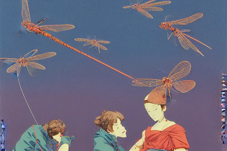 Image similar to gigantic dragonflies with human faces catch tiny robots, a lot of exotic mechas robots around, human heads everywhere, risograph by kawase hasui, dirtyrobot, edward hopper, satoshi kon and moebius, colorful flat surreal design, super - detailed, a lot of tiny details, fullshot