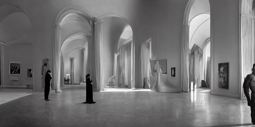 Image similar to Batman standing in giant Italian modern castle living room, clean minimalist design, that is 1300 feet tall, with very tall giant walls filled with modern art paintings, doors that are cosmic portals, photo by Annie Leibovitz