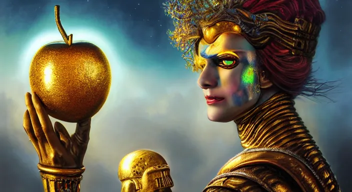 Prompt: trojan horse, closeup portrait of eris discordia, holding an reflective gold!!! metal apple, goddess of chaos, fantasy character portrait, ultra realistic, wide angle, intricate details, artifacts, luminous skies, michael cheval, peter mohrbacher, boris vallejo, jessica rossier, oil painting, highly detailed, cinematic lighting, unreal