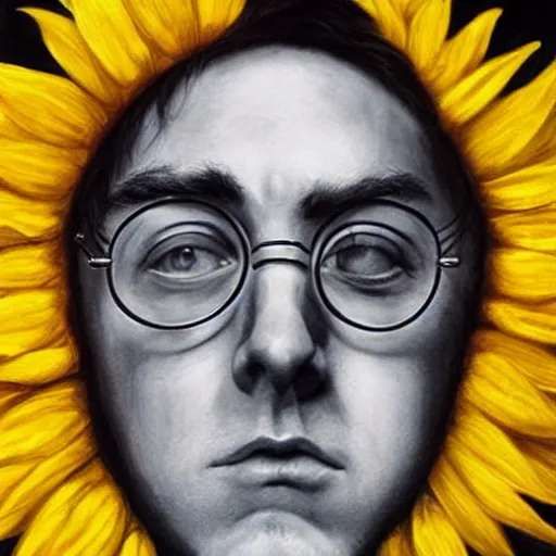 Image similar to hyperrealism portrait where harry potter appears holding and smelling a sunflower, in the background is the moon