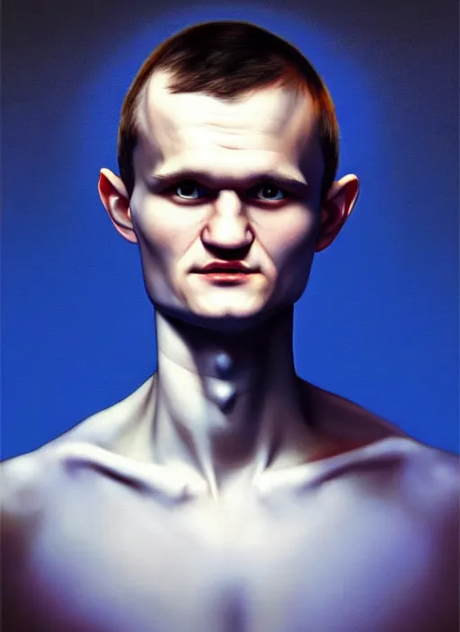 Prompt: vitalik buterin in the style of gottfried helnwein, chiaroscuro intricate composition, blue light by caravaggio, insanely quality, highly detailed, masterpiece, red light, artstation