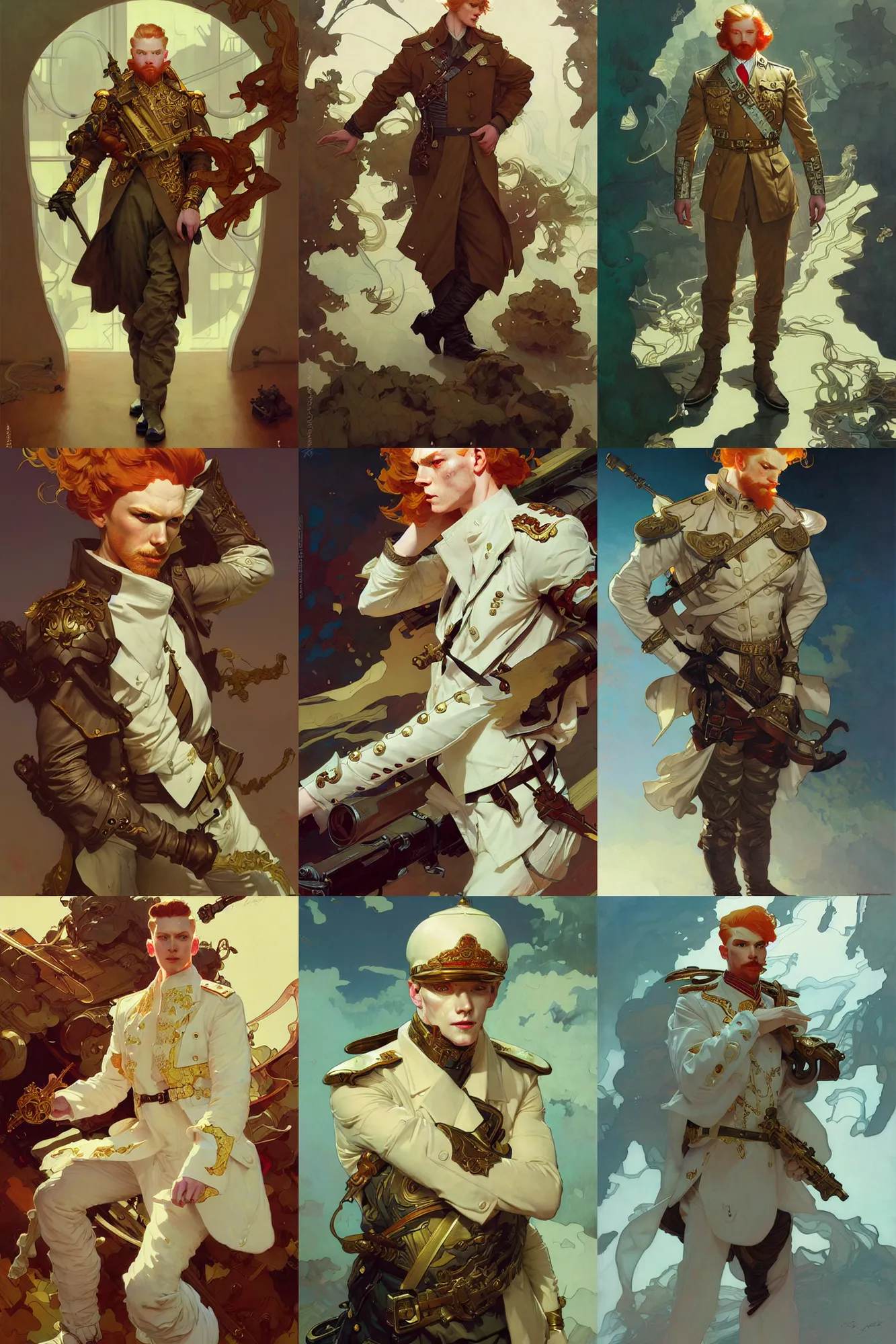 Prompt: young ginger male colonel, white russian clothes, fantasy, smooth, art by joseph leyendecker, peter mohrbacher, ruan jia, marc simonetti, ayami kojima, cedric peyravernay, alphonse mucha, victo ngai