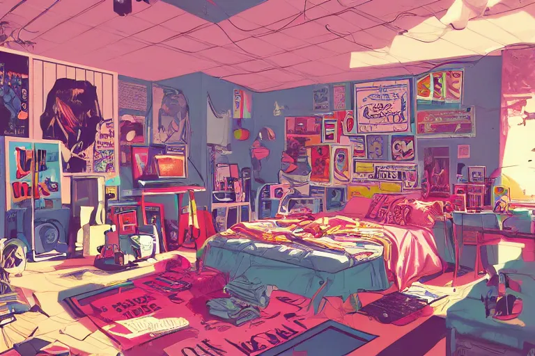 Image similar to a room of an american teen, graffiti and posters on the wall, bright, 8 0 s style, nostalgic, the sun shines in, warm, cozy, isometric art, bright, artstation, highly detailed, cinematic lighting + masterpiece