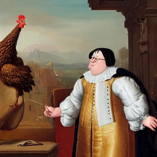 Prompt: dutch golden age painting of peter griffin and a giant chicken standing next to each other in an office, very intricate, very detailed, 8 k,