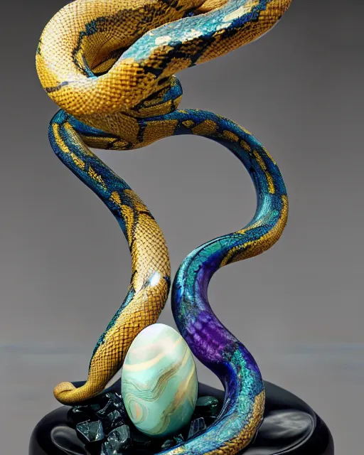 Image similar to a photo of a sculpture of a snake made from blue and emerald and amethyst crystal geode formations encircling a marble egg on a base of obsidian made with liquid gold tendrils flowing by ellen jewett by stanisław szukalski, octane render, recursive, tendrils, elestial crystals, geode, refracted light