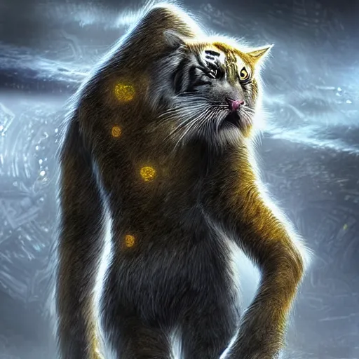 Image similar to a humanoid with cat-like features, yellow eyes, teeth that protrude past the lower lip (sort of like a saber-tooth tiger) and fine grayish fur on their faces and backs of their hands wearing futuristic alien armor and carrying weapons, octane,