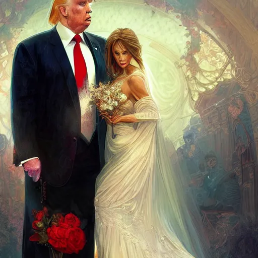 Image similar to vladimir putin marrying donald trump, elegant, highly detailed, digital painting, artstation, concept art, smooth, sharp focus, illustration, art by artgerm and greg rutkowski and alphonse mucha