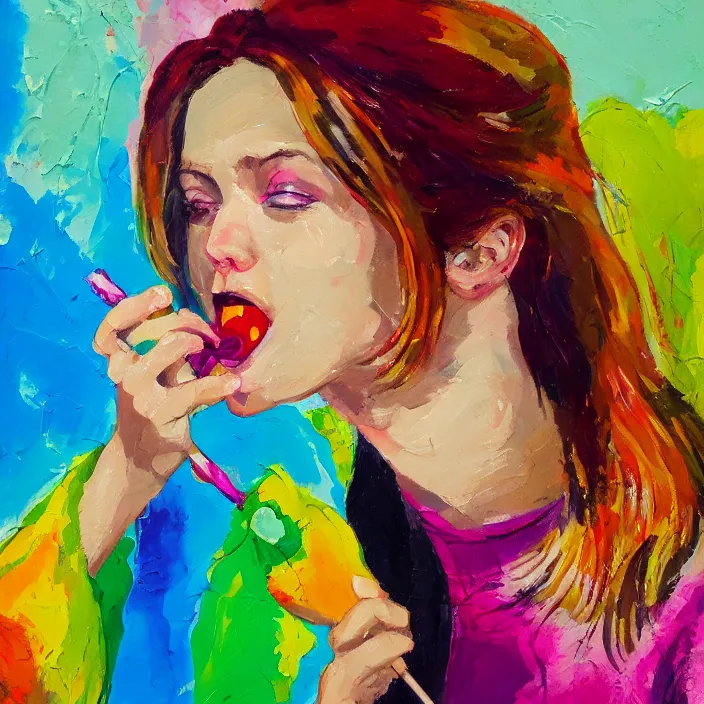 Image similar to portrait of beautiful woman licking a lollipop painted with colorful gouache impasto