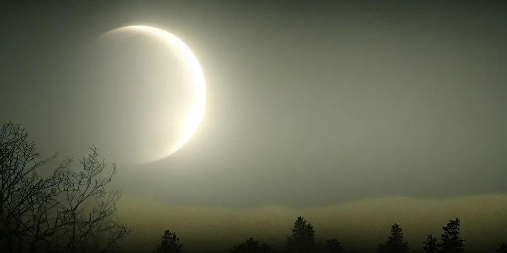 Image similar to lunar eclipse, but the moon is a triangle, sun rays, fog, photorealistic, calm environment