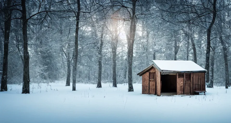 Image similar to a wooden hut at a clearing in the woods, snowy, light inside the hut, realistic, epic composition, epic lighting, 4 k