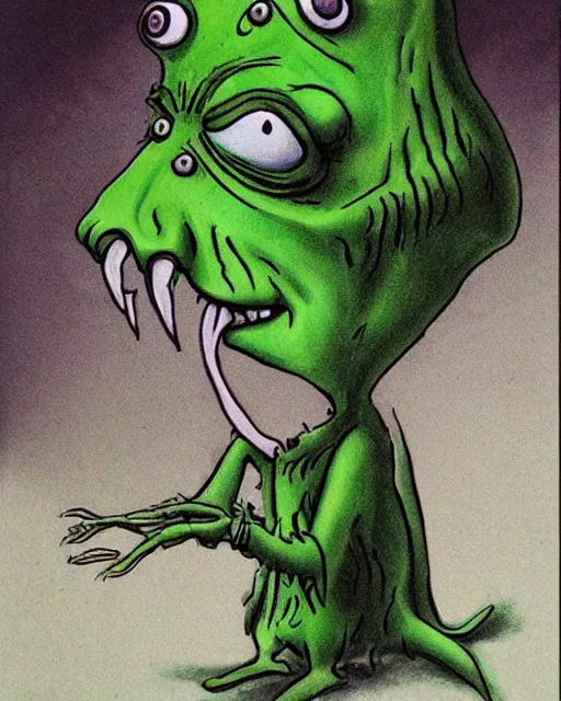 Image similar to a green devil with sad expression by tim burton