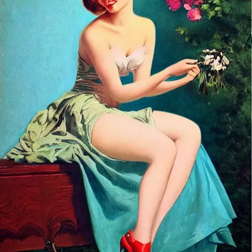 Image similar to beautiful woman in dress, by gil elvgren