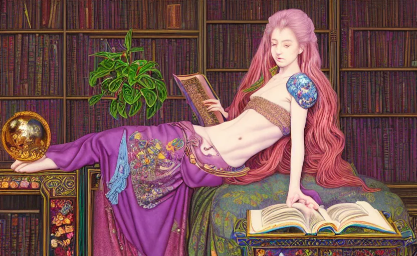 Image similar to a detailed fantasy pastel portrait of a woman wizard in ornate clothing lounging on a purpur pillow on the marble floor in front of her bookcase in a room, reading an ancient tome. to the side is a potted plant. ancient retrofuturistic setting. 4 k key art. raytracing, by chie yoshii and yoshitaka amano.