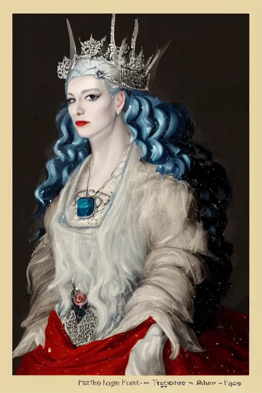 Image similar to Portrait of a frigid Ice Queen in the style of Artstation and Hyacinthe Rigaud