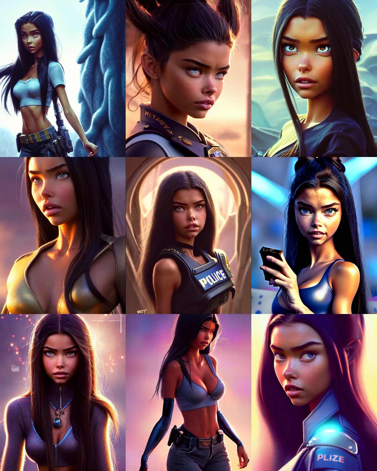 Prompt: weta disney pixar movie still portrait photo of madison beer, adriana lima : : as police woman by pixar : : by weta, greg rutkowski, wlop, ilya kuvshinov, rossdraws, artgerm, marvel, maxim magazine cover, rave otufit, unreal engine, sweaty, iridescent, bright morning, anime, : :