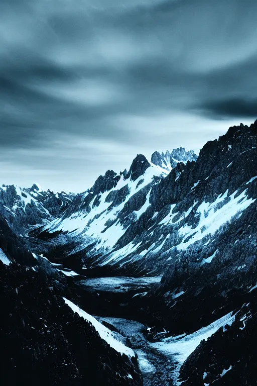 Prompt: a landscape image by benjamen in the french alps, cinematic matte painting, extreme detail photo quality, dark moody colors, featured on behance