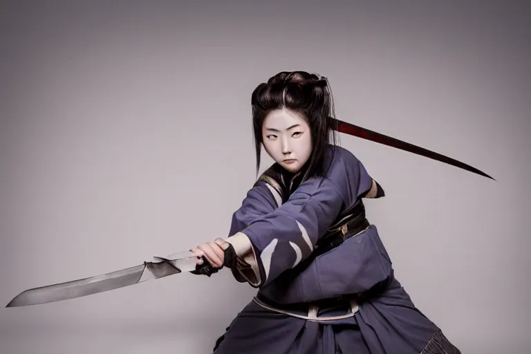Prompt: beautiful photo of a young female samurai, practising sword stances, symmetrical face, beautiful eyes, huge oversized anime sword, award winning photo, muted pastels, action photography, 1 / 1 2 5 shutter speed, dramatic lighting