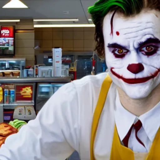 Image similar to joaquin phoenix joker working as a cashier at mcdonalds