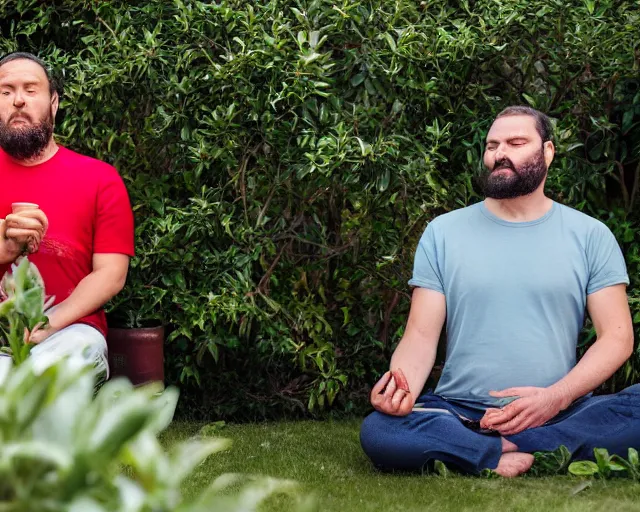 Image similar to mr robert is drinking fresh tea, smoke pot and meditate in a garden from spiral mug, detailed glad face, power belly, golden hour closeup photo, red elegant shirt, eyes wide open, ymmm and that smell