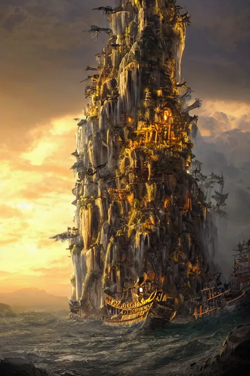 Prompt: a tower made of pirate ships staked on top of each other, ornate with gold trimmings by zhelong xu carved into the side of subterranean rocky cliffs side by side a Very tall huge raging waterfall, river at the bottom, wide angle, insanely detailed, intricate, sunset, backlit lighting, cinematic composition, by eddie mendoza and raphael lacoste, trending on artsation, octane render, hyper realistic, vray