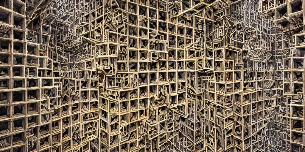 Prompt: endless menger sponge megastructure in the style of mc escher, realistic lighting, very intricate detailed photo, sharp focus, colorful, hd