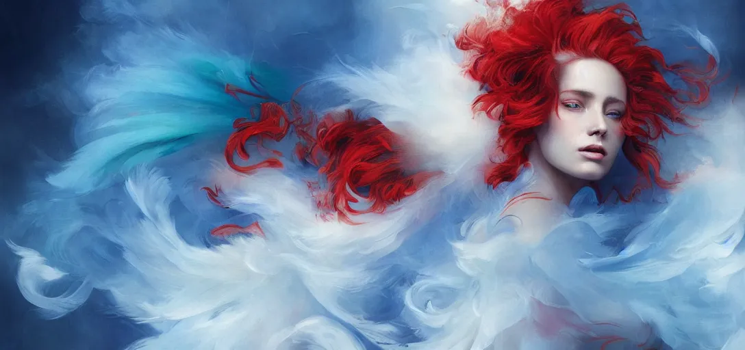 Image similar to a painting of a woman who made of curly and transparent feathers and cloud with red edges is holding a sword, a digital painting by charlie bowater, made of many translucent layers of blue feathers and cloud, metaphysical painting, speedpainting, digital painting, holographic undertones, highly saturated colors, 4 k, glossy eyes, concept art, trending on artstation