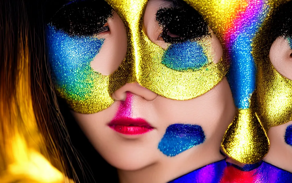 Image similar to japanese female ninja with mask and only eyes showing ; closeup goldenhour face photo with beautiful blue eyes with rainbow eyeshadow and ornate gold eyelashes, with rainbow light caustics
