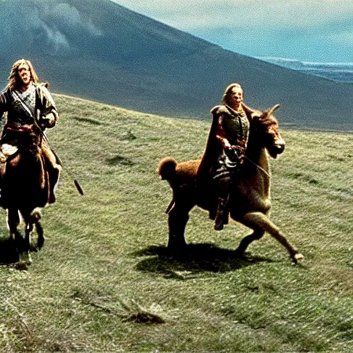 Image similar to still from lord of the rings showing the ride of the rohirrim, riding toward minas tirith on alpacas