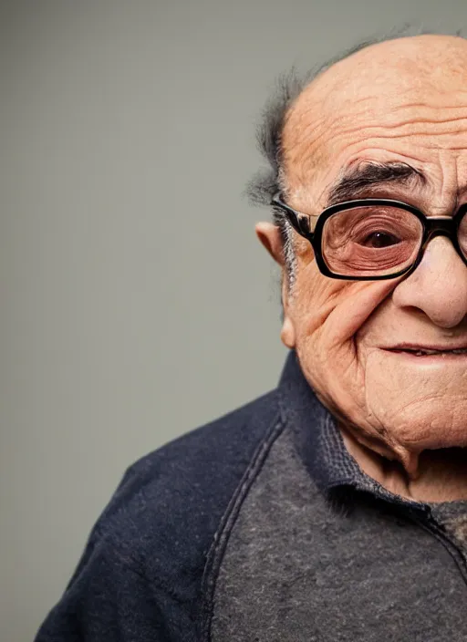 Image similar to DSLR photo portrait still of 85 year old age 85 Danny Devito at age 85!!!, 85mm f1.8