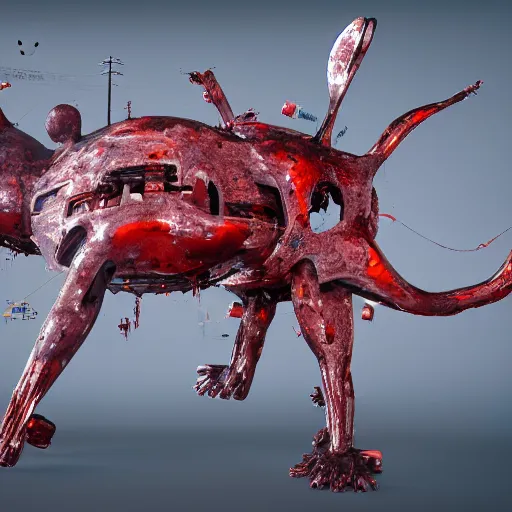 Image similar to a giant mickey mouse, dissected by a group of network executives, on an operating table, octane render, cgstation, 3 d render, very detailed, mindblowing, blood and guts, gritty, cyberpunk