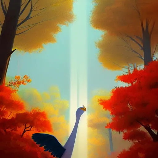 Image similar to goro fujita ilustration i am lying in the forest and i observe a bunch of tall autumn trees and in the center a large bird with its wings open with beautiful feathers that let through some light rays, painting by goro fujita, sharp focus, highly detailed, artstation