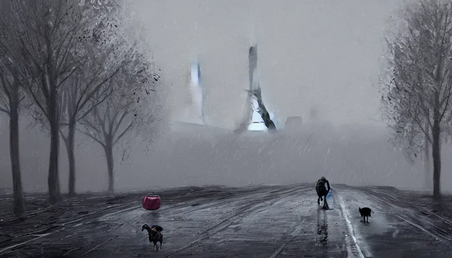 Image similar to guy with bagpack and his dog walking in desolated paris, grey sky, muddy road, dusty cars, crows in the sky, hyperdetailed, artstation, cgsociety, 8 k