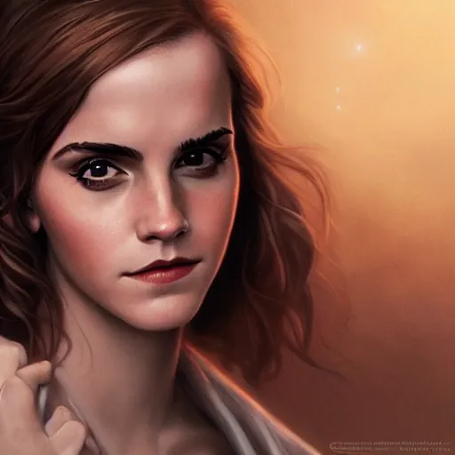 Image similar to portrait of emma watson in the style of gerald brom and mark brooks, cinematic lighting, epic, romantic, 8 k, detailed, coherent, beautiful