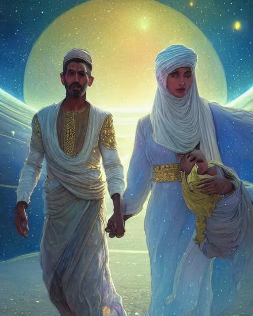 Image similar to bedouin man and woman and child in galaxy walking towards mosque surrounded by nebula, highly detailed, gold filigree, romantic storybook fantasy, soft cinematic lighting, award, disney concept art watercolor illustration by mandy jurgens and alphonse mucha and alena aenami, pastel color palette, featured on artstation