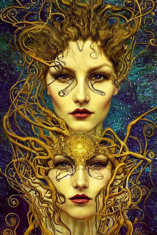 Image similar to Intermittent Chance of Chaos Muse by Karol Bak, Jean Deville, Gustav Klimt, and Vincent Van Gogh, beautiful surreal face portrait, enigma, destiny, fate, inspiration, muse, otherworldly, fractal structures, arcane, ornate gilded medieval icon, third eye, spirals