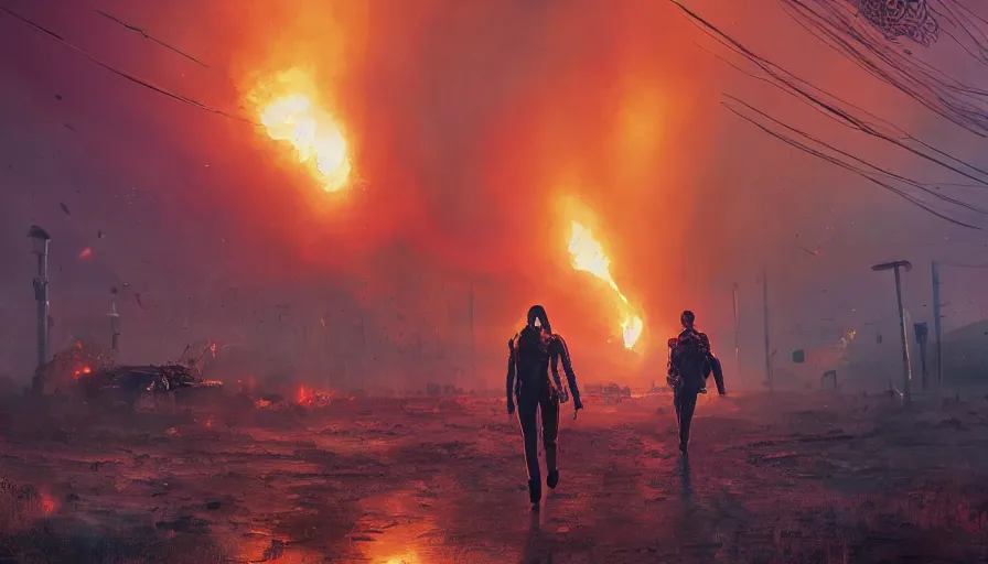 Prompt: woman with black hair and leather jacket walking away from explosion, lovecraftian hellscape, golden tenticles, soldiers and mech fight, simon stalenhag, 4 k, ultra detailed, explosions and smoke