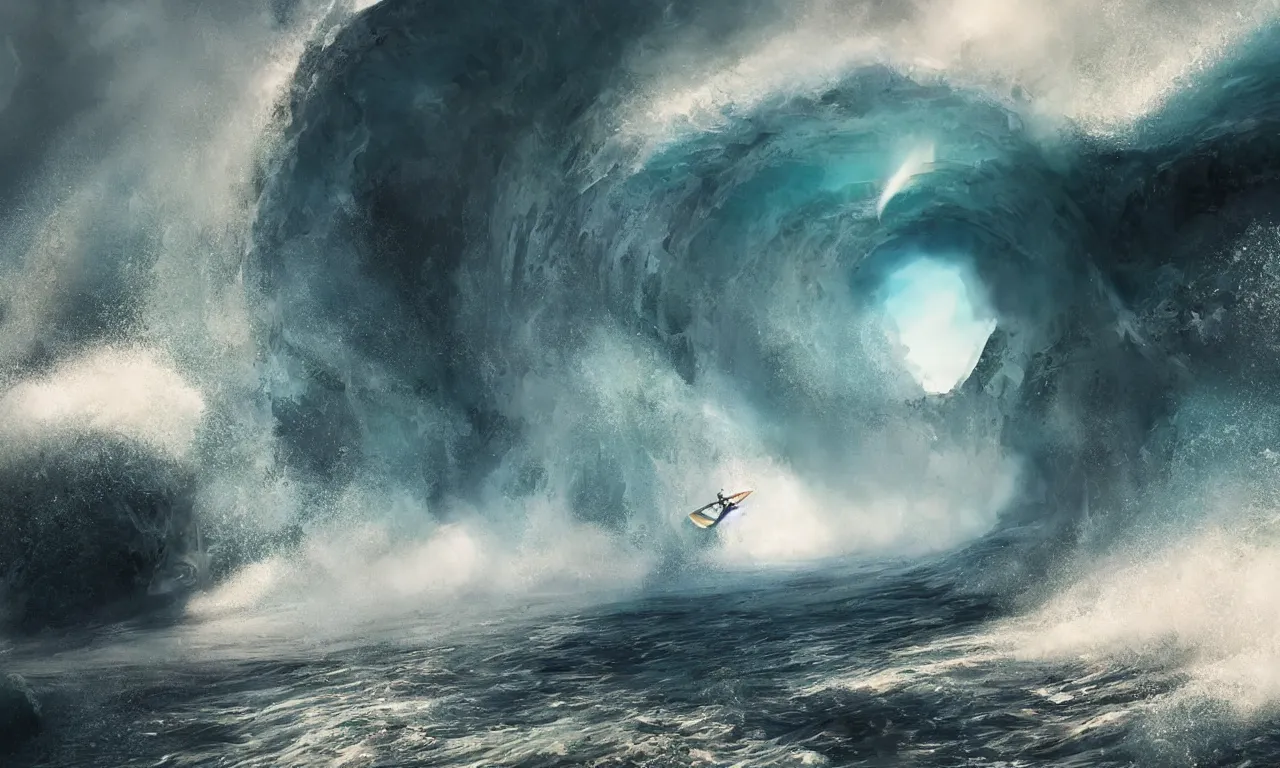 Image similar to giant mecha surfing a big wave inside the tunnel, by Jessica Rossier, slow motion, refractions, summer