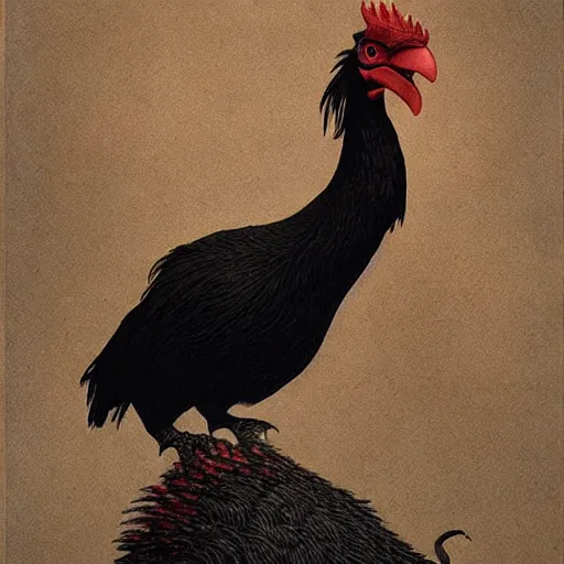 Prompt: a majestic black chicken with royal 'red!!! comb!!!', colored ultra-detailed pen and ink illustration, matte painting, concept art, impossible fine lines, by John Kenn Mortensen