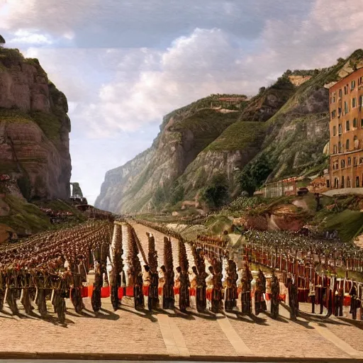 Prompt: street scene of caesar augustus ’ army marching, 3 d render ultra - high definition, opulent, epic, massive landscape