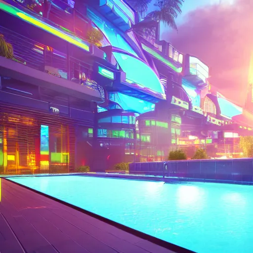 Prompt: A ray of light glimmering over a pool in a futuristic setting, cyberpunk, neon lights, pastel colours, 8k render octane engine, extremely detailed