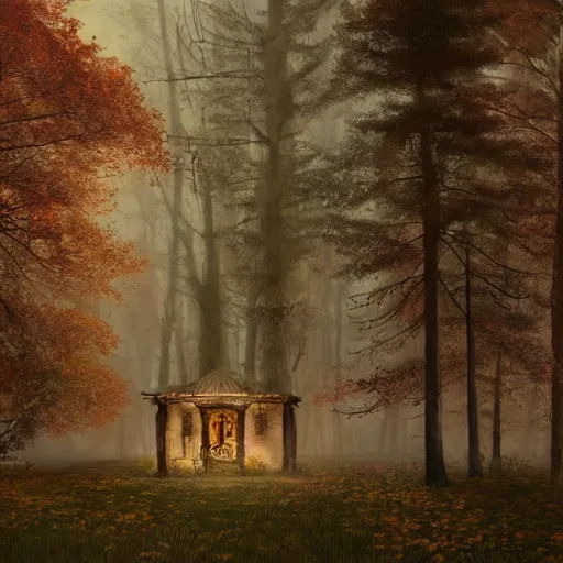 Image similar to shamans house in an autumn forest, green and brown tones, by Aron Wiesenfeld and beksincki, cinematic, detailed illustration, nature, fog, dark colors, suspense, intricate, 8k